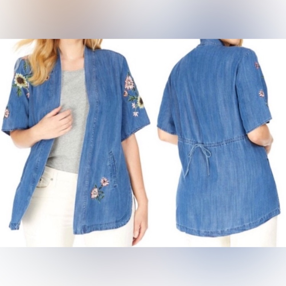 XL Chambray Floral Embroidered Open Front Cardigan Kimono Boho Spring Coastal - Picture 3 of 16